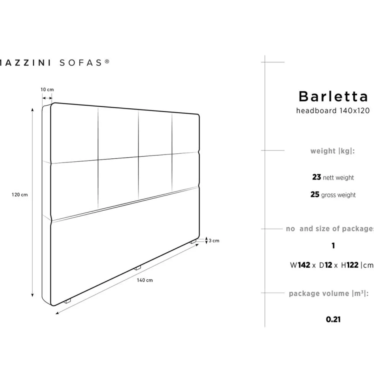 Tête de lit Barletta gris foncé - 200x120 cm