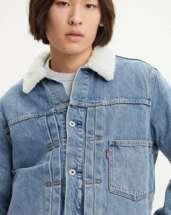 Veste courte en Coton denim col façon sherpa Trucker bleue