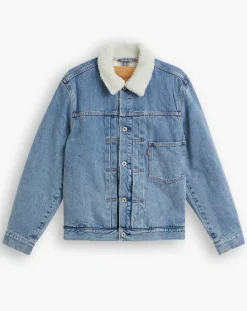 Veste courte en Coton denim col façon sherpa Trucker bleue
