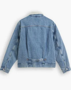 Veste courte en Coton denim col façon sherpa Trucker bleue