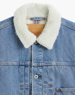 Veste courte en Coton denim col façon sherpa Trucker bleue