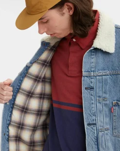 Veste courte en Coton denim col façon sherpa Trucker bleue