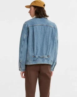 Veste courte en Coton denim col façon sherpa Trucker bleue