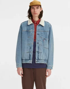 Veste courte en Coton denim col façon sherpa Trucker bleue