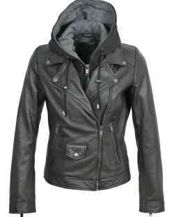 Veste en Cuir à capuche Cloelia noire