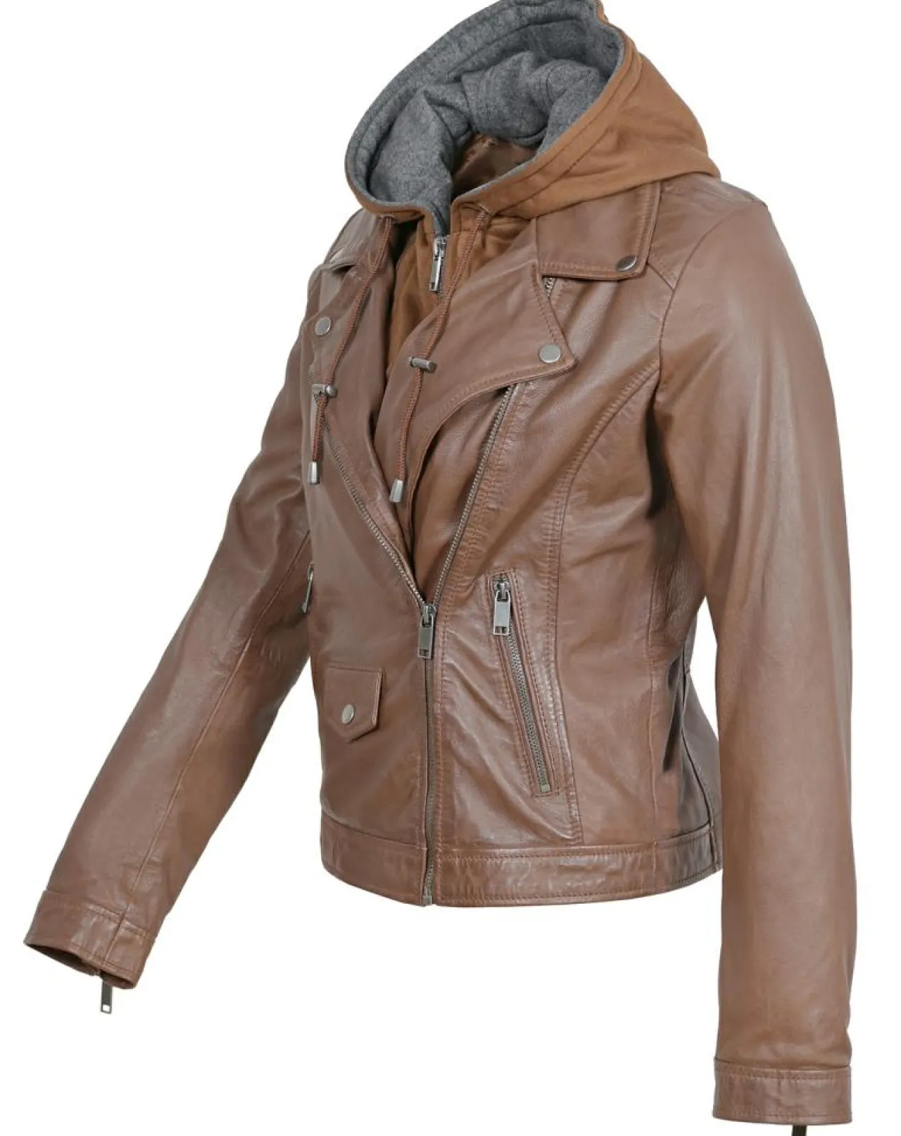 Veste en Cuir à capuche Cloelia cognac