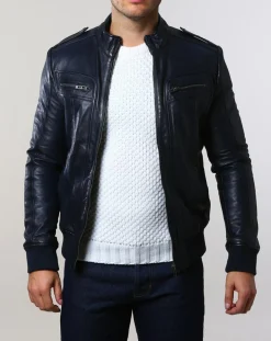 Veste en Cuir Pat bleu marine