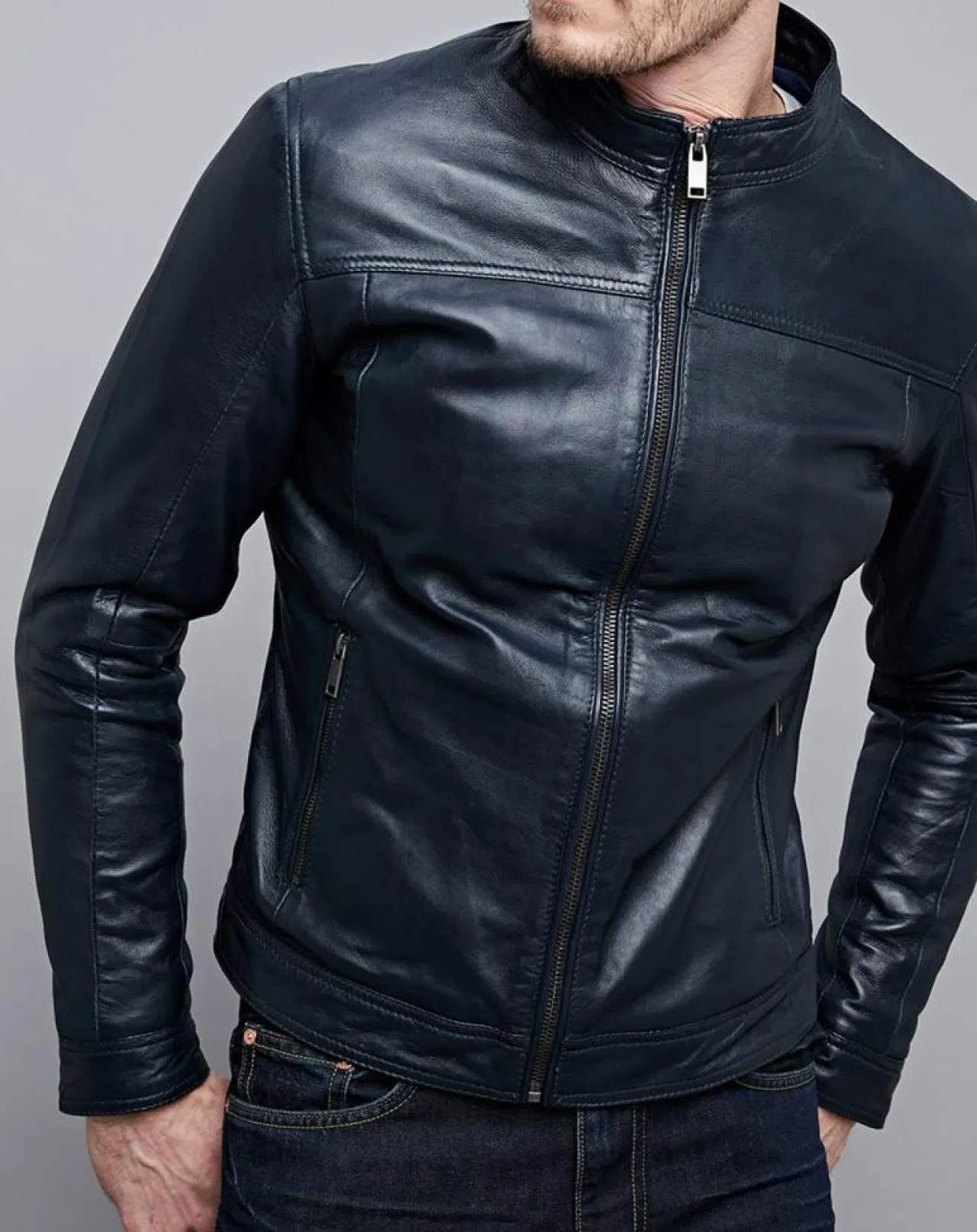 Veste en Cuir Raphaël bleu marine