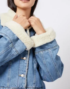 Veste en jean courte intérieur fourré sherpa bleue