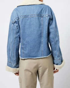 Veste en jean courte intérieur fourré sherpa bleue